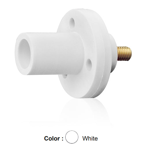 Leviton 15R21-UW, 15 Series Single Pole Cam-Type Male Panel Mount Receptacle, Industrial Grade, 150 Amp Max, 600 VAC/DC Max, 0.5'' Threaded Stud Termination, 90-Degree, #8 - #2 AWG, White