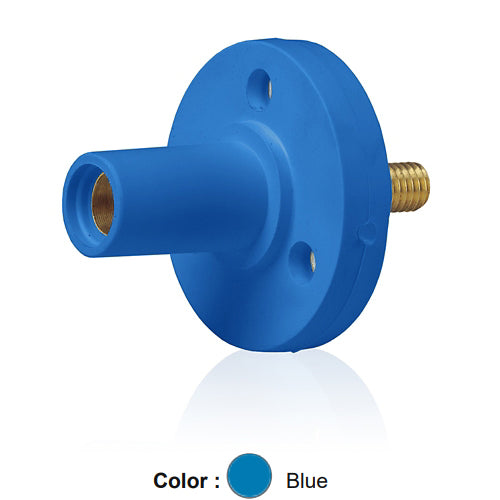 Leviton 15R22-UB, 15 Series Single Pole Cam-Type Female Panel Mount Receptacle, Industrial Grade, 150 Amp Max, 600 VAC/DC Max, 0.5'' Threaded Stud Termination, 90-Degree, #8 - #2 AWG, Blue