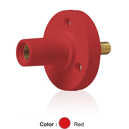 Leviton 15R22-UR, 15 Series Single Pole Cam-Type Female Panel Mount Receptacle, Industrial Grade, 150 Amp Max, 600 VAC/DC Max, 0.5'' Threaded Stud Termination, 90-Degree, #8 - #2 AWG, Red