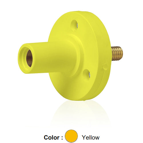 Leviton 15R22-UY, 15 Series Single Pole Cam-Type Female Panel Mount Receptacle, Industrial Grade, 150 Amp Max, 600 VAC/DC Max, 0.5'' Threaded Stud Termination, 90-Degree, #8 - #2 AWG, Yellow