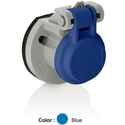 Leviton 15S31-UB, 15 Series Cam-Type Male/Female Panel Mount Receptacle Enclosure with Automatic Closing Lid, Thermoplastic Housing and Cover, Stainless Steel Torsion Spring, Blue