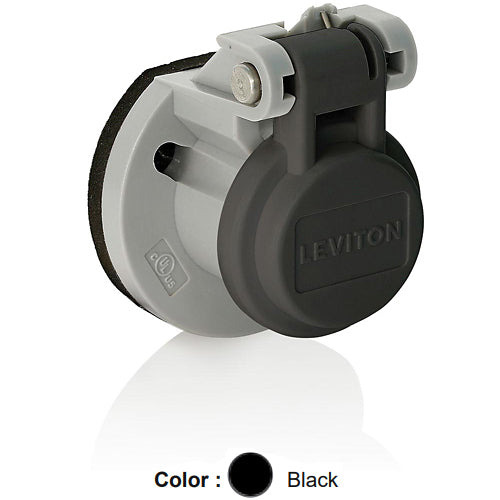 Leviton 15S31-UE, 15 Series Cam-Type Male/Female Panel Mount Receptacle Enclosure with Automatic Closing Lid, Thermoplastic Housing and Cover, Stainless Steel Torsion Spring, Black