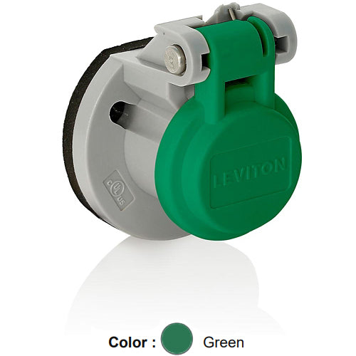 Leviton 15S31-UG, 15 Series Cam-Type Male/Female Panel Mount Receptacle Enclosure with Automatic Closing Lid, Thermoplastic Housing and Cover, Stainless Steel Torsion Spring, Green