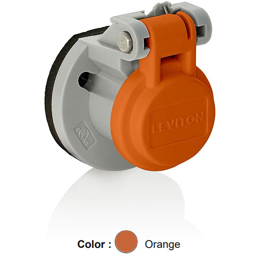 Leviton 15S31-UO, 15 Series Cam-Type Male/Female Panel Mount Receptacle Enclosure with Automatic Closing Lid, Thermoplastic Housing and Cover, Stainless Steel Torsion Spring, Orange