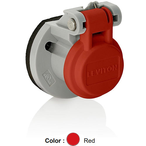 Leviton 15S31-UR, 15 Series Cam-Type Male/Female Panel Mount Receptacle Enclosure with Automatic Closing Lid, Thermoplastic Housing and Cover, Stainless Steel Torsion Spring, Red