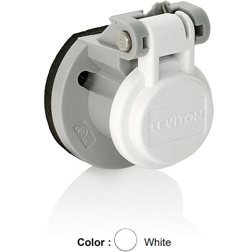 Leviton 15S31-UW, 15 Series Cam-Type Male/Female Panel Mount Receptacle Enclosure with Automatic Closing Lid, Thermoplastic Housing and Cover, Stainless Steel Torsion Spring, White