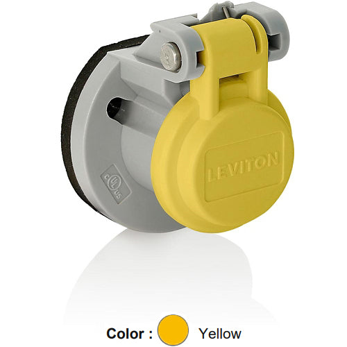 Leviton 15S31-UY, 15 Series Cam-Type Male/Female Panel Mount Receptacle Enclosure with Automatic Closing Lid, Thermoplastic Housing and Cover, Stainless Steel Torsion Spring, Yellow