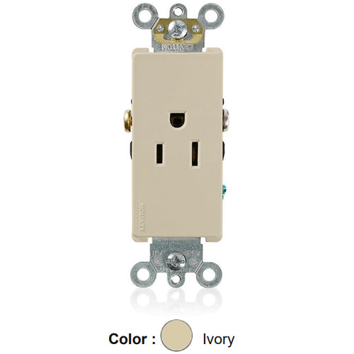 Leviton 16241-I, Decora Plus Straight Blade Single Receptacle, Commercial Specification Grade, Smooth Face, 15A 125V, NEMA 5-15R, 2-Pole, 3-Wire, Side Wire Only, Ivory