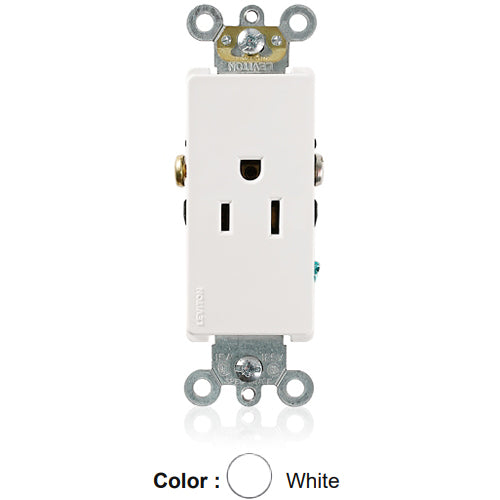 Leviton 16241-W, Decora Plus Straight Blade Single Receptacle, Commercial Specification Grade, Smooth Face, 15A 125V, NEMA 5-15R, 2-Pole, 3-Wire, Side Wire Only, White