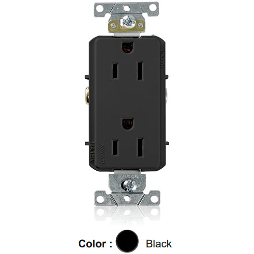 Leviton 16242-E, Decora Plus Straight Blade Duplex Receptacle, Heavy-Duty Industrial Specification Grade, Smooth Face, 15A 125V, NEMA 5-15R, 2-Pole, 3-Wire, Side Wire Only, Black