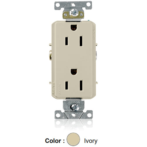 Leviton 16242-I, Decora Plus Straight Blade Duplex Receptacle, Heavy-Duty Industrial Specification Grade, Smooth Face, 15A 125V, NEMA 5-15R, 2-Pole, 3-Wire, Side Wire Only, Ivory