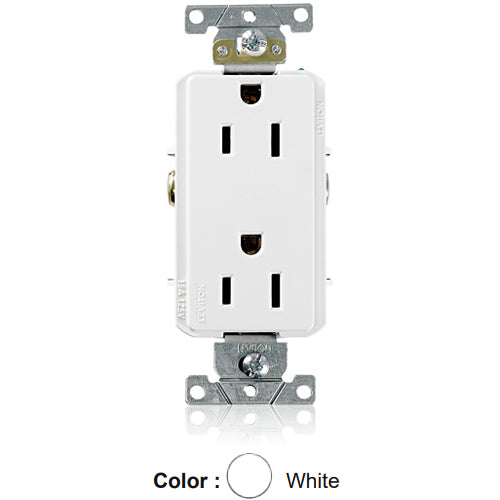 Leviton 16242-W, Decora Plus Straight Blade Duplex Receptacle, Heavy-Duty Industrial Specification Grade, Smooth Face, 15A 125V, NEMA 5-15R, 2-Pole, 3-Wire, Side Wire Only, White