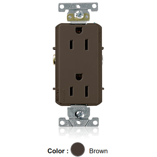 Leviton 16242, Decora Plus Straight Blade Duplex Receptacle, Heavy-Duty Industrial Specification Grade, Smooth Face, 15A 125V, NEMA 5-15R, 2-Pole, 3-Wire, Side Wire Only, Brown