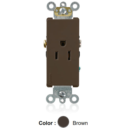 Leviton 16251, Decora Plus Straight Blade Single Receptacle, Commercial Specification Grade, Smooth Face, 15A 125V, NEMA 5-15R, 2-Pole, 3-Wire, Back and Side Wire, Brown