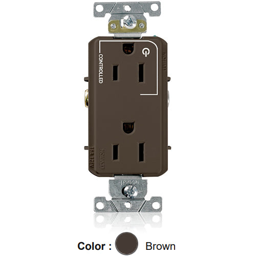 Leviton 16252-1P, Decora Plus Straight Blade Duplex Receptacle, Heavy-Duty Industrial Specification Grade, Split-Circuit, One Outlet Marked ''Controlled'', Smooth Face, 15A 125V, NEMA 5-15R, 2-Pole, 3-Wire, Back and Side Wire, Brown