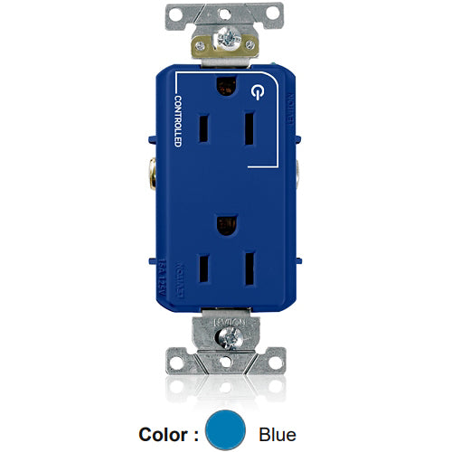 Leviton 16252-1PB, Decora Plus Straight Blade Duplex Receptacle, Heavy-Duty Industrial Specification Grade, Split-Circuit, One Outlet Marked ''Controlled'', Smooth Face, 15A 125V, NEMA 5-15R, 2-Pole, 3-Wire, Back and Side Wire, Blue