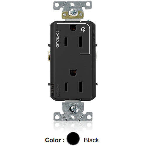 Leviton 16252-1PE, Decora Plus Straight Blade Duplex Receptacle, Heavy-Duty Industrial Specification Grade, Split-Circuit, One Outlet Marked ''Controlled'', Smooth Face, 15A 125V, NEMA 5-15R, 2-Pole, 3-Wire, Back and Side Wire, Black