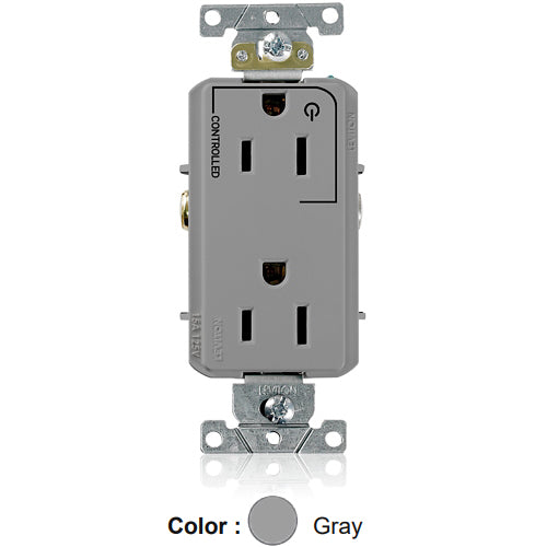 Leviton 16252-1PG, Decora Plus Straight Blade Duplex Receptacle, Heavy-Duty Industrial Specification Grade, Split-Circuit, One Outlet Marked ''Controlled'', Smooth Face, 15A 125V, NEMA 5-15R, 2-Pole, 3-Wire, Back and Side Wire, Gray