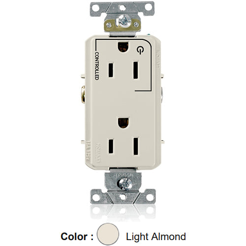 Leviton 16252-1PT, Decora Plus Straight Blade Duplex Receptacle, Heavy-Duty Industrial Specification Grade, Split-Circuit, One Outlet Marked ''Controlled'', Smooth Face, 15A 125V, NEMA 5-15R, 2-Pole, 3-Wire, Back and Side Wire, Light Almond