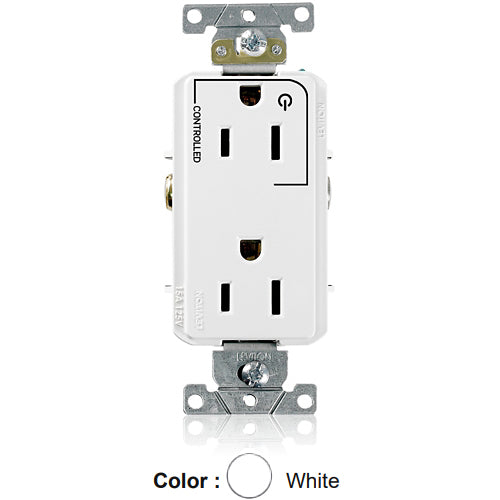 Leviton 16252-1PW, Decora Plus Straight Blade Duplex Receptacle, Heavy-Duty Industrial Specification Grade, Split-Circuit, One Outlet Marked ''Controlled'', Smooth Face, 15A 125V, NEMA 5-15R, 2-Pole, 3-Wire, Back and Side Wire, White