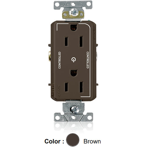 Leviton 16252-2P, Decora Plus Straight Blade Duplex Receptacle, Heavy-Duty Industrial Specification Grade, Two Outlets Marked ''Controlled'', Smooth Face, 15A 125V, NEMA 5-15R, 2-Pole, 3-Wire, Back and Side Wire, Brown