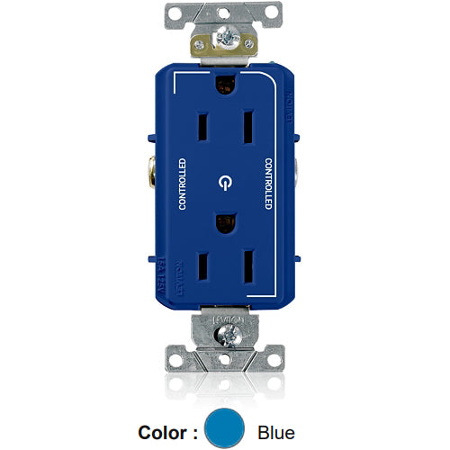 Leviton 16252-2PB, Decora Plus Straight Blade Duplex Receptacle, Heavy-Duty Industrial Specification Grade, Two Outlets Marked ''Controlled'', Smooth Face, 15A 125V, NEMA 5-15R, 2-Pole, 3-Wire, Back and Side Wire, Blue