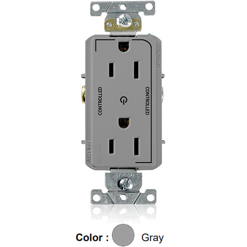 Leviton 16252-2PG, Decora Plus Straight Blade Duplex Receptacle, Heavy-Duty Industrial Specification Grade, Two Outlets Marked ''Controlled'', Smooth Face, 15A 125V, NEMA 5-15R, 2-Pole, 3-Wire, Back and Side Wire, Gray