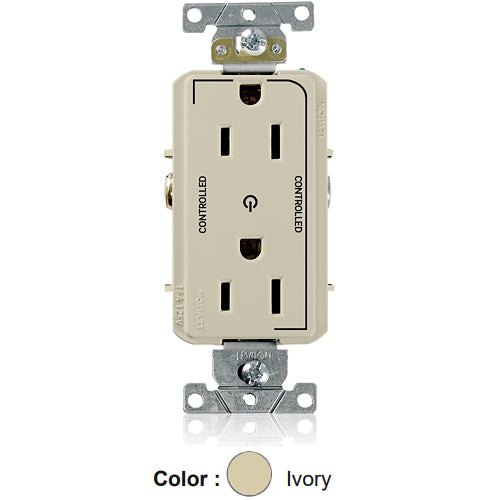 Leviton 16252-2PI, Decora Plus Straight Blade Duplex Receptacle, Heavy-Duty Industrial Specification Grade, Two Outlets Marked ''Controlled'', Smooth Face, 15A 125V, NEMA 5-15R, 2-Pole, 3-Wire, Back and Side Wire, Ivory