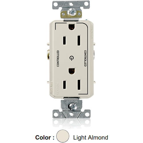 Leviton 16252-2PT, Decora Plus Straight Blade Duplex Receptacle, Heavy-Duty Industrial Specification Grade, Two Outlets Marked ''Controlled'', Smooth Face, 15A 125V, NEMA 5-15R, 2-Pole, 3-Wire, Back and Side Wire, Light Almond