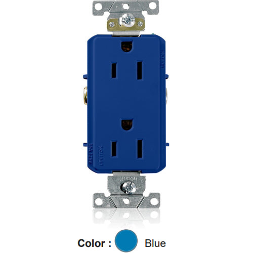 Leviton 16252-BU, Decora Plus Straight Blade Duplex Receptacle, Heavy-Duty Industrial Specification Grade, Smooth Face, 15A 125V, NEMA 5-15R, 2-Pole, 3-Wire, Back and Side Wire, Blue
