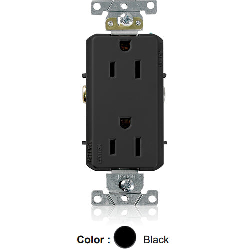 Leviton 16252-E, Decora Plus Straight Blade Duplex Receptacle, Heavy-Duty Industrial Specification Grade, Smooth Face, 15A 125V, NEMA 5-15R, 2-Pole, 3-Wire, Back and Side Wire, Black