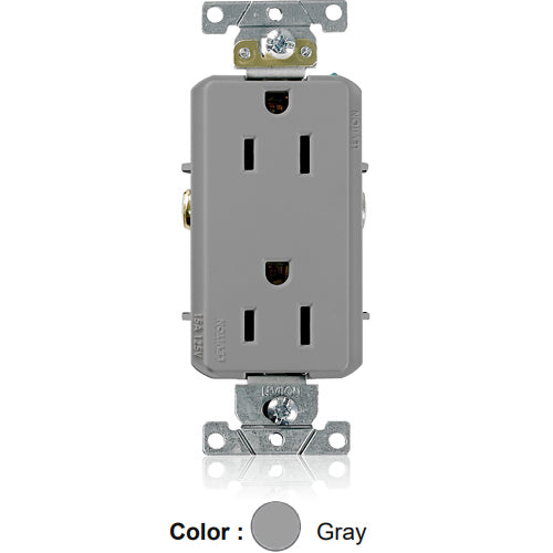Leviton 16252-GY, Decora Plus Straight Blade Duplex Receptacle, Heavy-Duty Industrial Specification Grade, Smooth Face, 15A 125V, NEMA 5-15R, 2-Pole, 3-Wire, Back and Side Wire, Gray