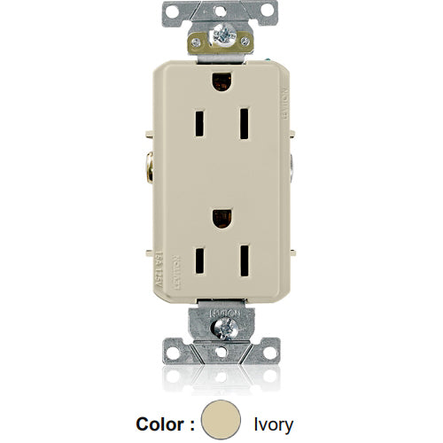 Leviton 16252-I, Decora Plus Straight Blade Duplex Receptacle, Heavy-Duty Industrial Specification Grade, Smooth Face, 15A 125V, NEMA 5-15R, 2-Pole, 3-Wire, Back and Side Wire, Ivory