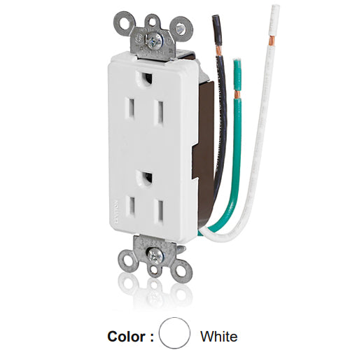 Leviton 16252-LW, Decora Plus Straight Blade Duplex Receptacle, Commercial Specification Grade, Smooth Face, Pre-Wired Leads, 15A 125V, NEMA 5-15R, 2-Pole, 3-Wire, White