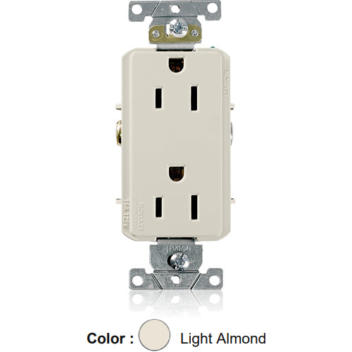 Leviton 16252-T, Decora Plus Straight Blade Duplex Receptacle, Heavy-Duty Industrial Specification Grade, Smooth Face, 15A 125V, NEMA 5-15R, 2-Pole, 3-Wire, Back and Side Wire, Light Almond