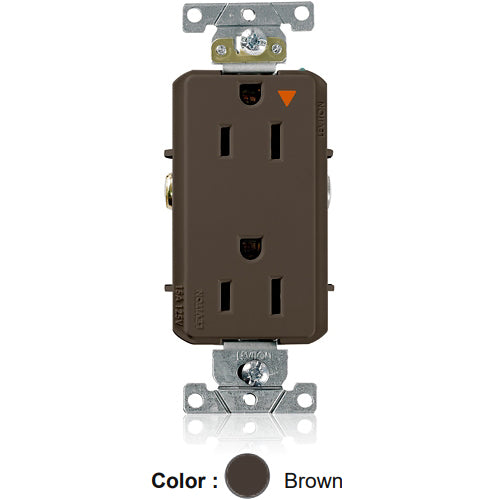 Leviton 16262-BIG, Decora Plus Straight Blade Duplex Receptacle, Heavy-Duty Industrial Specification Grade, Smooth Face, Isolated Ground, 15A 125V, NEMA 5-15R, 2-Pole, 3-Wire, Back and Side Wire, Brown