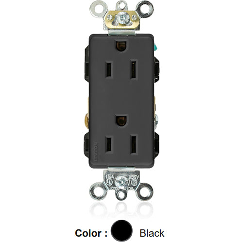 Leviton 16262-E, Decora Plus Straight Blade Duplex Receptacle, Heavy-Duty Industrial Specification Grade, Smooth Face, 15A 125V, NEMA 5-15R, 2-Pole, 3-Wire, Back and Side Wire, Black