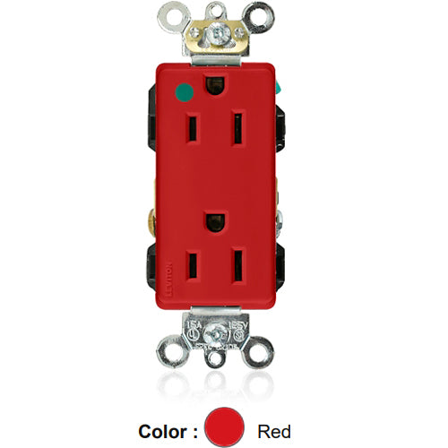 Leviton 16262-HGR, Decora Plus Straight Blade Duplex Receptacle, Extra Heavy-Duty Hospital Grade, Smooth Face, 15A 125V, NEMA 5-15R, 2-Pole, 3-Wire, Back and Side Wire Red