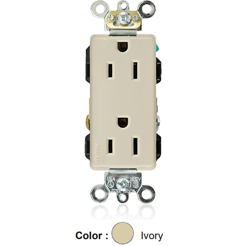 Leviton 16262-I, Decora Plus Straight Blade Duplex Receptacle, Heavy-Duty Industrial Specification Grade, Smooth Face, 15A 125V, NEMA 5-15R, 2-Pole, 3-Wire, Back and Side Wire, Ivory