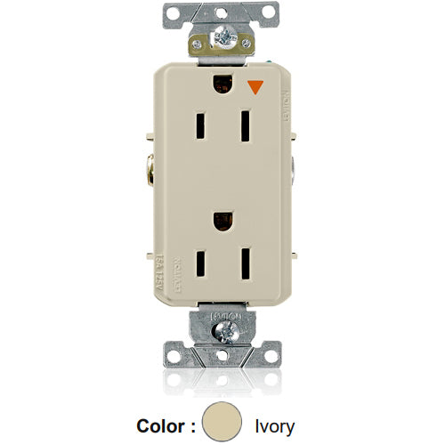 Leviton 16262-IIG, Decora Plus Straight Blade Duplex Receptacle, Heavy-Duty Industrial Specification Grade, Smooth Face, Isolated Ground, 15A 125V, NEMA 5-15R, 2-Pole, 3-Wire, Back and Side Wire, Ivory