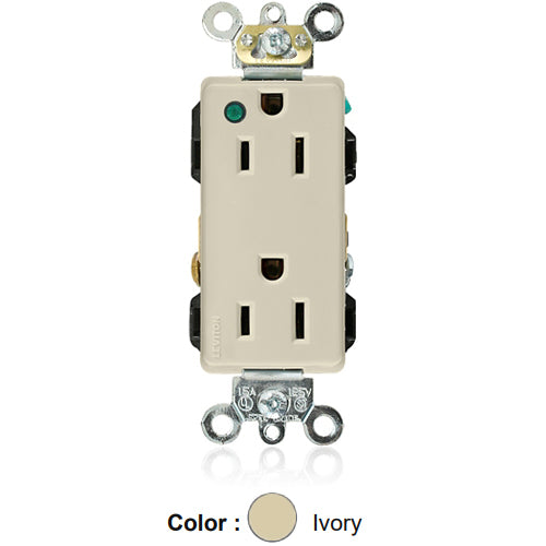 Leviton 16262-PLI, Decora Plus Straight Blade Duplex Receptacle, Extra Heavy-Duty Hospital Grade, Power Indication, Smooth Face, 15A 125V, NEMA 5-15R, 2-Pole, 3-Wire, Back and Side Wire, Ivory