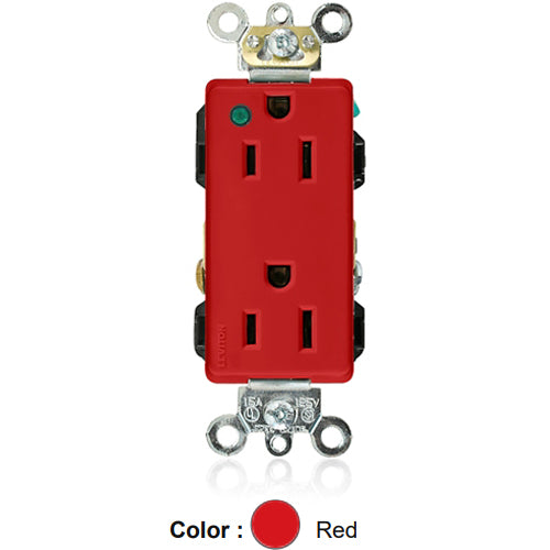 Leviton 16262-PLR, Decora Plus Straight Blade Duplex Receptacle, Extra Heavy-Duty Hospital Grade, Power Indication, Smooth Face, 15A 125V, NEMA 5-15R, 2-Pole, 3-Wire, Back and Side Wire, Red