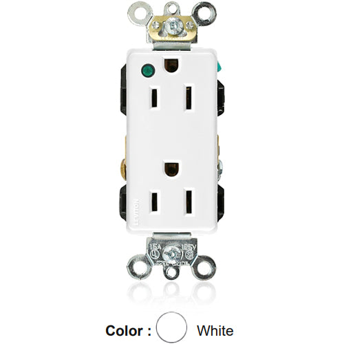 Leviton 16262-PLW, Decora Plus Straight Blade Duplex Receptacle, Extra Heavy-Duty Hospital Grade, Power Indication, Smooth Face, 15A 125V, NEMA 5-15R, 2-Pole, 3-Wire, Back and Side Wire, White