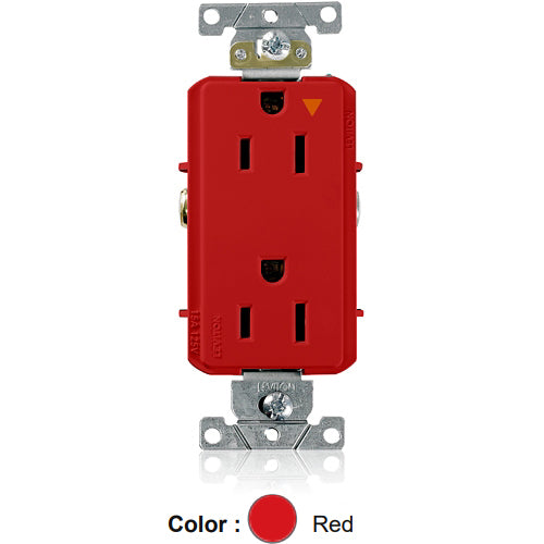 Leviton 16262-RIG, Decora Plus Straight Blade Duplex Receptacle, Heavy-Duty Industrial Specification Grade, Smooth Face, Isolated Ground, 15A 125V, NEMA 5-15R, 2-Pole, 3-Wire, Back and Side Wire, Red