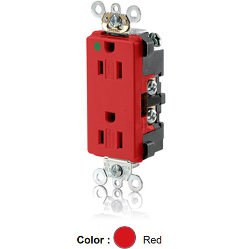 Leviton 16262-SGR, Decora Plus Straight Blade Duplex Receptacle, Extra Heavy-Duty Hospital Grade, Tamper-Resistant, Smooth Face, 15A 125V, NEMA 5-15R, 2-Pole, 3-Wire, Back and Side Wire, Red
