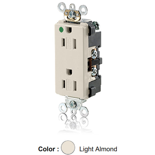 Leviton 16262-SGT, Decora Plus Straight Blade Duplex Receptacle, Extra Heavy-Duty Hospital Grade, Tamper-Resistant, Smooth Face, 15A 125V, NEMA 5-15R, 2-Pole, 3-Wire, Back and Side Wire, Light Almond