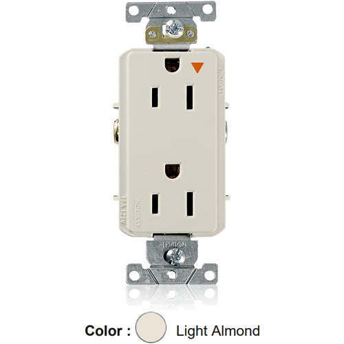 Leviton 16262-TIG, Decora Plus Straight Blade Duplex Receptacle, Heavy-Duty Industrial Specification Grade, Smooth Face, Isolated Ground, 15A 125V, NEMA 5-15R, 2-Pole, 3-Wire, Back and Side Wire, Light Almond
