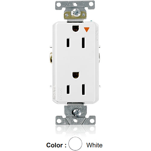Leviton 16262-WIG, Decora Plus Straight Blade Duplex Receptacle, Heavy-Duty Industrial Specification Grade, Smooth Face, Isolated Ground, 15A 125V, NEMA 5-15R, 2-Pole, 3-Wire, Back and Side Wire, White