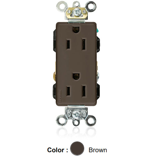 Leviton 16262, Decora Plus Straight Blade Duplex Receptacle, Heavy-Duty Industrial Specification Grade, Smooth Face, 15A 125V, NEMA 5-15R, 2-Pole, 3-Wire, Back and Side Wire, Brown