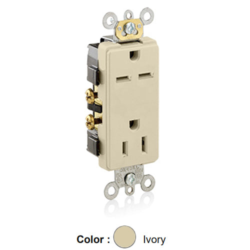Leviton 16292-I, Decora Plus Straight Blade Duplex Receptacle, Commercial Specification Grade, Dual Voltage, Smooth Face, 15A 125/250V, NEMA 5-15R/6-15R, 2-Pole, 3-Wire, Back and Side Wire, Ivory